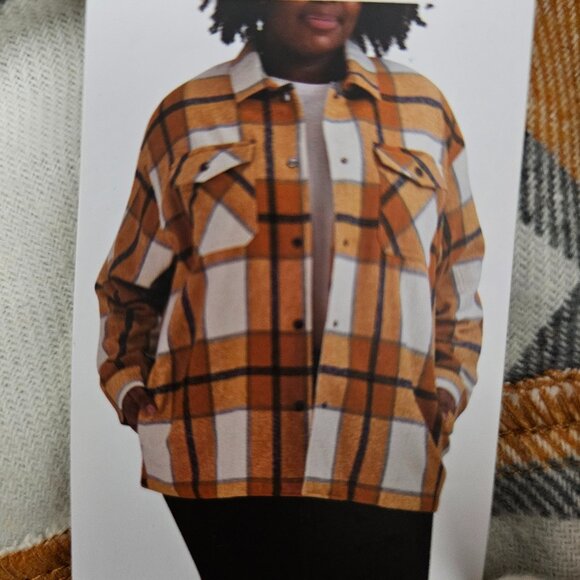 HFX Plaid Flannel Oversized Shacket Front Snap Shirt Jacket New Womens Yellow XL - Picture 3 of 13